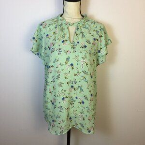 Pleione Blouse Top XL Womans Green Floral Short Flutter Sleeve Keyhole Tie Back